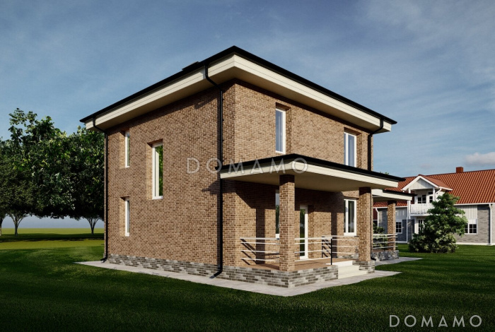 Проект двухэтажного дома с четырьмя спальнями и большой крытой террасой