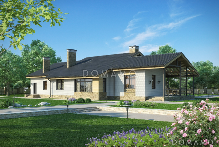 Проект дома с большой террасой с барбекю, большой гостиной с камином, спальнями на первом этаже, сауной, вторым светом