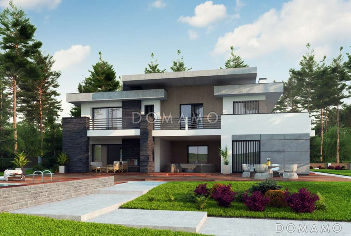 Проект современного просторного двухэтажного дома из газобетона с гаражом и просторными террасами на обоих уровнях