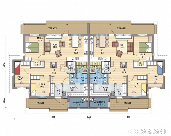 Проект одноэтажного дуплексного дома с сауной / План 1 этажа