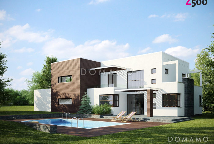 Проект современного просторного двухэтажного дома из газобетона в стиле кубизм с гаражом и террасой над ним