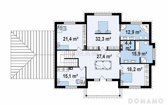 Проект большого двухэтажного дома из газобетона с четырьмя спальнями, гаражом, сауной и просторной дневной зоной / План 2 этажа