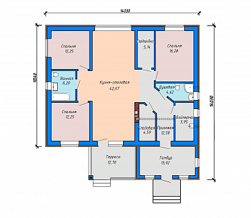 Проект загородного дома с террасой, просторным тамбуром, ванной и душевой, кухней-столовой в центральной части дома / План 1 этажа
