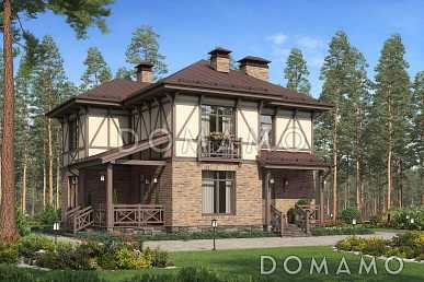 Проект дома с крытой террасой, кладовой под лестницей. эркерами, гостевой на первом этаже, спальнями и кабинетом на втором этаже