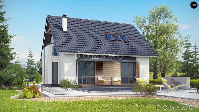 Проект одноэтажного мансардного дома из газобетона с балконом, тремя спальнями и кабинетом