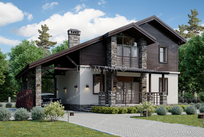 Проект дома с мансардой, светлым панорамным окном на два этажа и навесом для автомобиля
