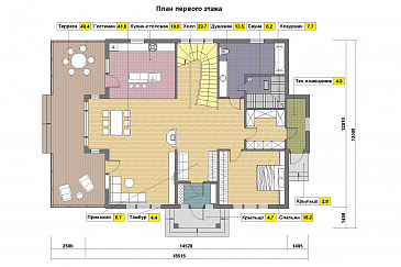 Проект каркасного дома с 4 спальнями / План 1 этажа