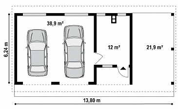 Проект гаража из газобетона для двух авто с отдельными воротами, техническим помещением и навесом / План 1 этажа