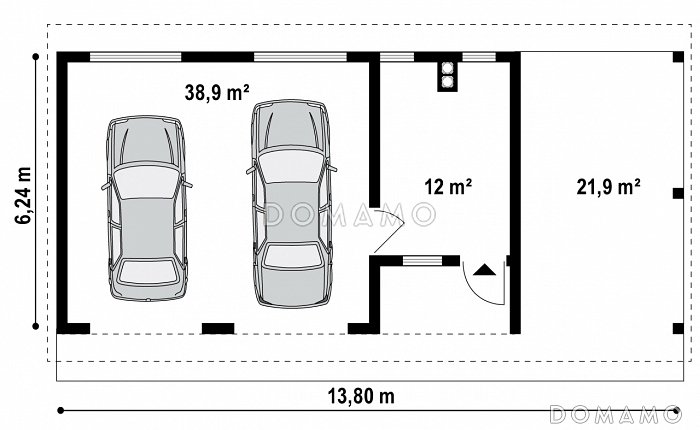 Проект гаража из газобетона для двух авто с отдельными воротами, техническим помещением и навесом / План 1 этажа