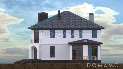 Проект дома с входом с угла здания, террасами, кладовой в кухне, сауной, хозяйской спальней и детскими / Фасад 4