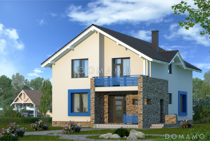 Проект лаконичного коттеджа с массивной каменной стеной крыльца