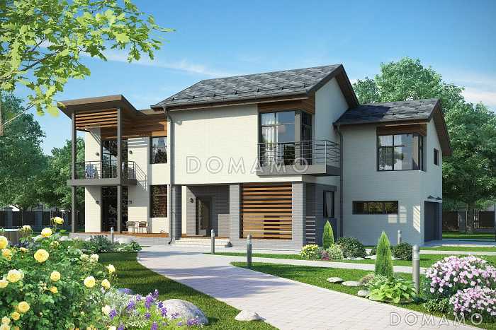 Проект дома с гаражом на две машины, террасой, вторым светом, сауной, двумя балконами