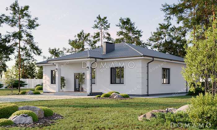 Проект одноэтажного дома с четырьмя спальнями, просторной гостиной-столовой и терасой