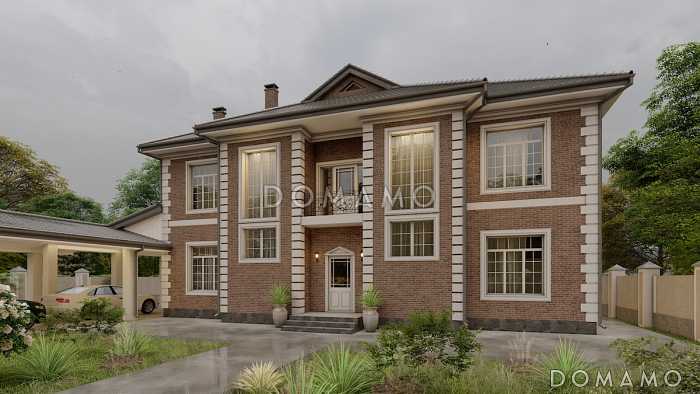 Проект двухэтажного дома из газобетона с пристроенным навесом, верандой и камином