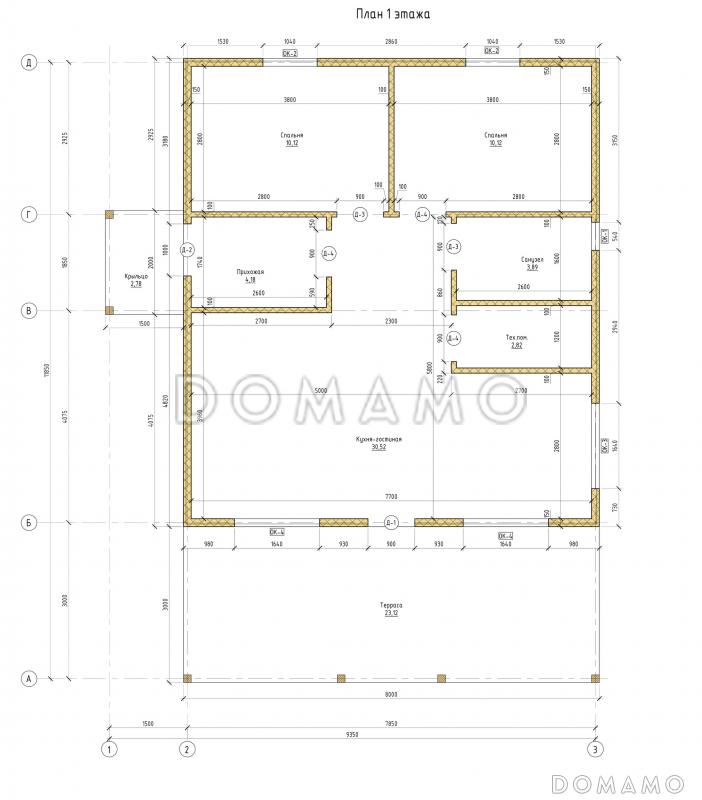 Проект одноэтажного каркасного дома с двумя спальнями и террасой / План 1 этажа