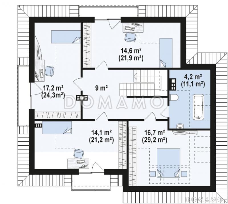 Проект классического одноэтажного мансардного дома из кирпича с дополнительными спальнями на первом этаже и мансардном, с тремя балконами и гаражом на два автомобиля / План мансардного этажа