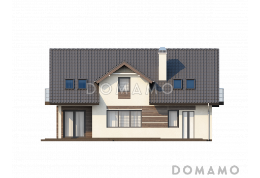 Проект одноэтажного мансардного дома из газобетона с балконом, с четырьмя спальнями и встроенным гаражом / Фасад 2