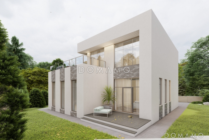 Проект двухэтажного дома из газобетона в стиле хай-тек со встроенным гаражом и открытой террасой на втором этаже