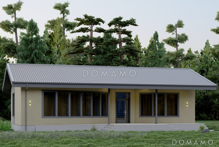 Проект одноэтажной бани с панорамным остеклением, крытой террасой, спальней