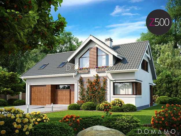 Проект одноэтажного мансардного дома из газобетона с встроенным гаражом