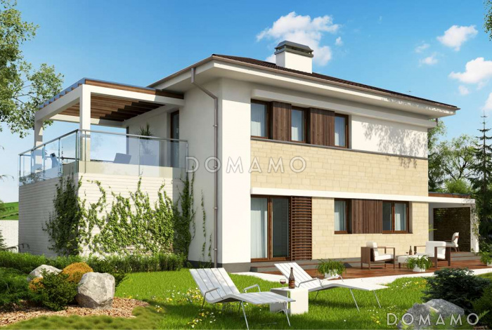 Проект современного двухэтажного дома из газобетона с четырёхскатной крышей с кабинетом, гаражом и крытыми террасами на обоих уровнях