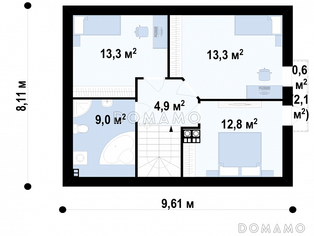 Проект загородного дома с мансардными окнами, балконом, открытой террасой / План мансардного этажа