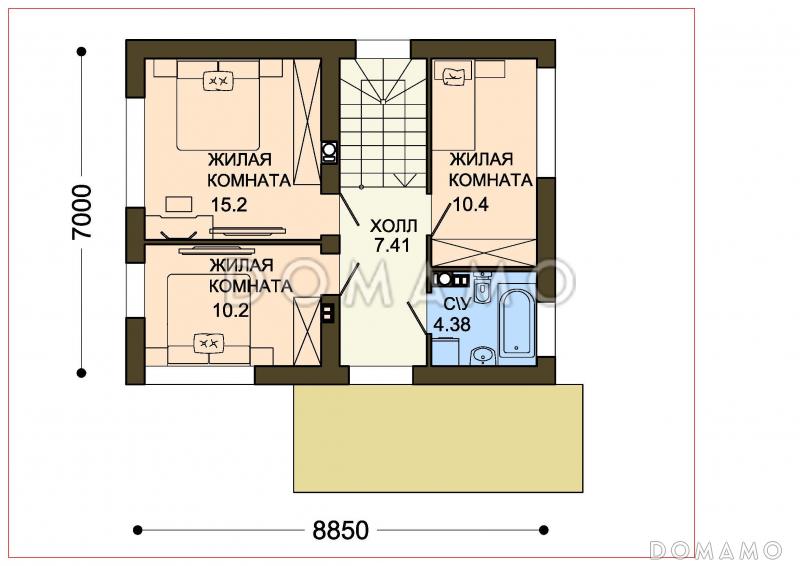 Проект компактного двухэтажного коттеджа с облицовкой входного фасада камнем / План 2 этажа