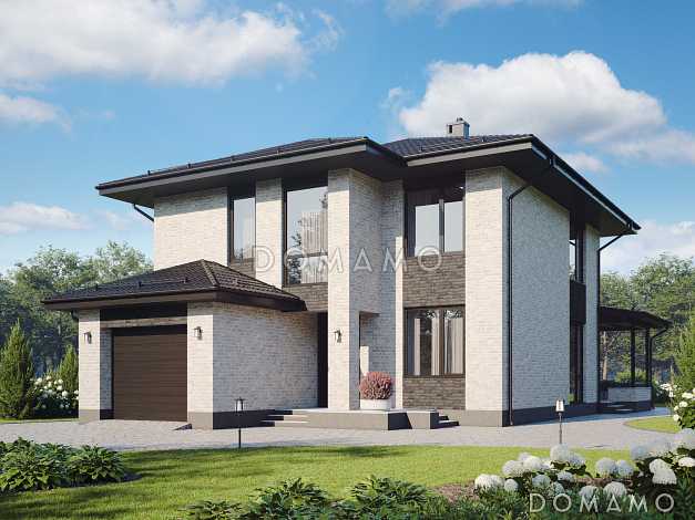 Проект двухэтажного дома с гаражом, террасой, 4 спальнями и кабинетом