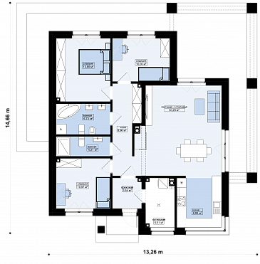 Проект кирпичного дома с террасой, окнами в пол и большой гостиной / План 1 этажа