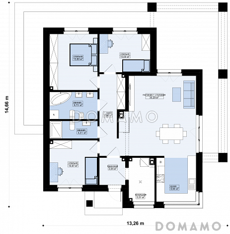 Проект кирпичного дома с террасой, окнами в пол и большой гостиной / План 1 этажа
