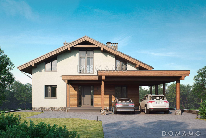 Шале с двумя спальнями, просторной дневной зоной со вторым светом и навесом для двух машин