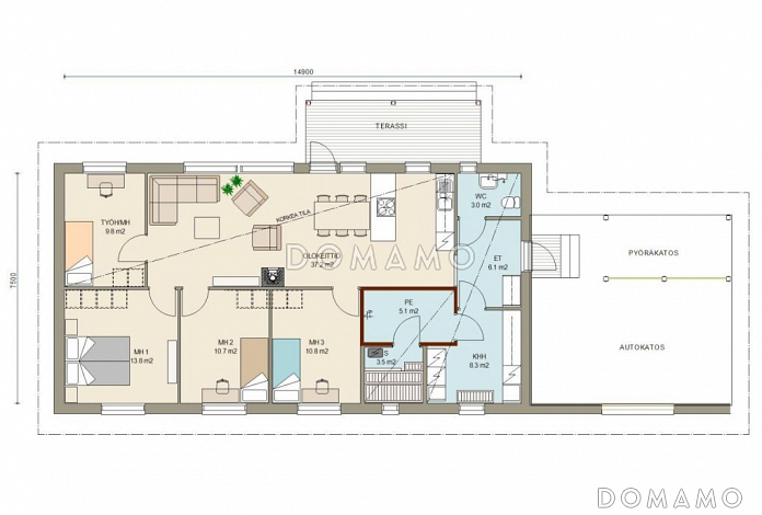 Проект каркасного дома с односкатной крышей, навесом для машины / План 1 этажа