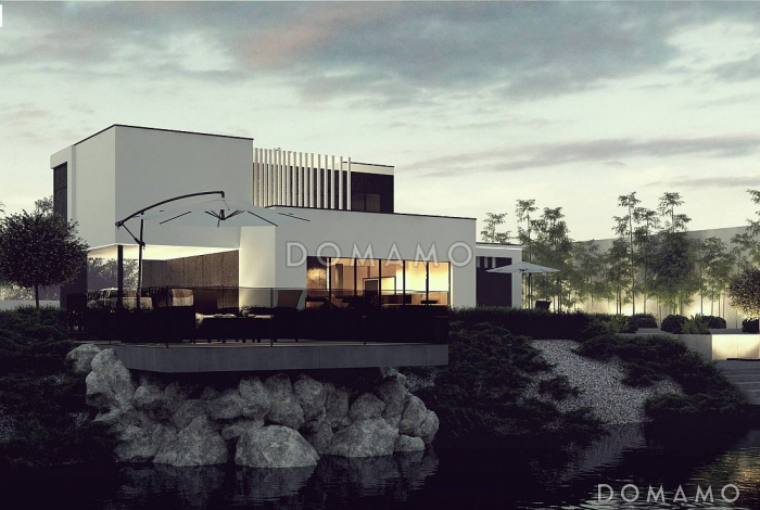 Проект современного двухуровневого дома из газобетона с несколькими террасами, двухместным гаражом и навесом