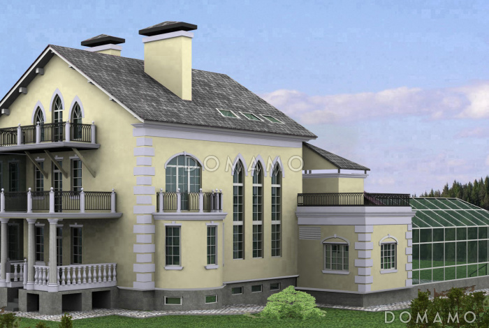 Проект загородного дома с пристроенным задним бассейна из светопрозрачных конструкций