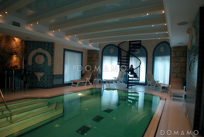 Проект бассейна под шатровой кровлей, с подвалом и тренажерной в мансарде