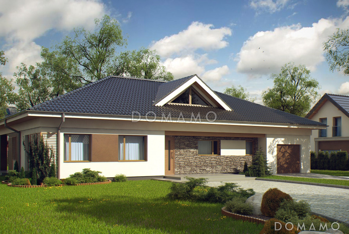 Проект просторного одноэтажного дома из кирпича со встроенным гаражом