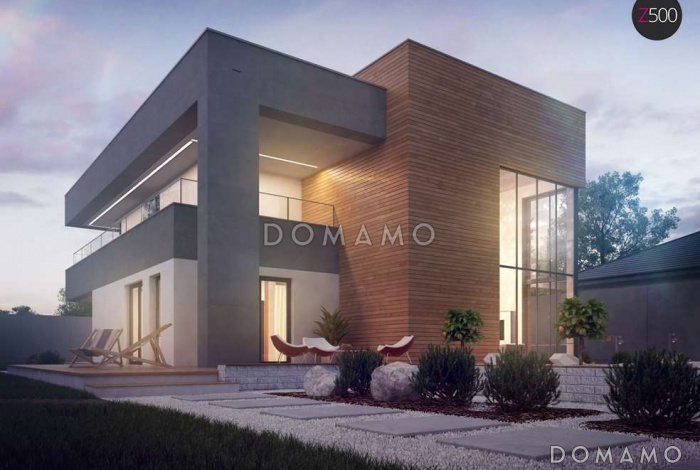 Проект большого современного двухэтажного дома из газобетона с большой площадью остекления, гаражом и просторными террасами на обоих уровнях