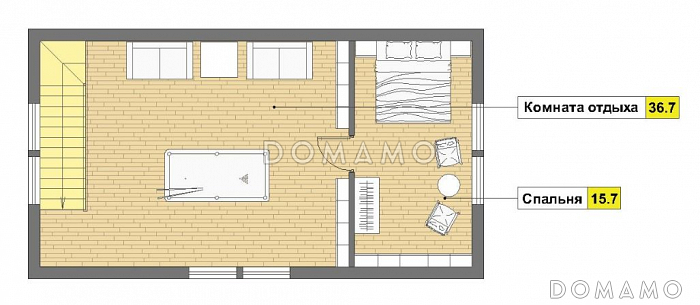 Проект каркасной бани с угловой крытой террасой, сараем и мансардным этажом / План мансардного этажа