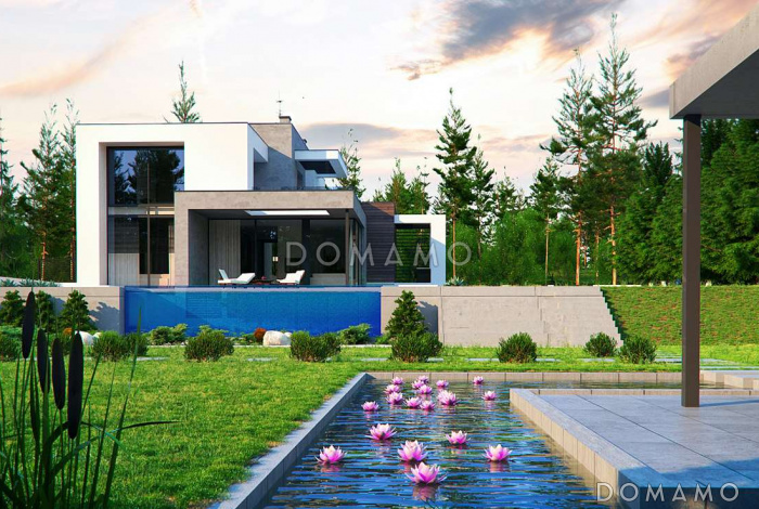 Проект большого современного двухэтажного дома из кирпича с четырьмя спальнями, кабинетом и гаражом для участка с рельефом