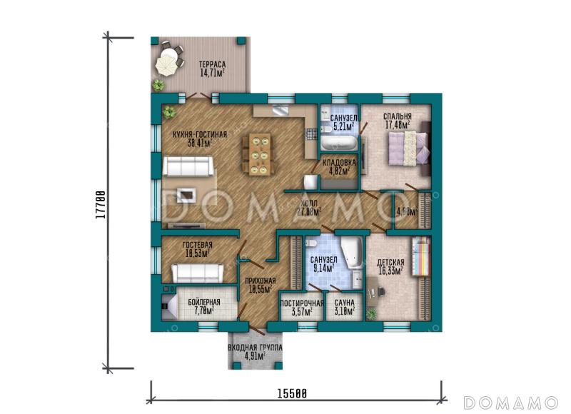 Проект одноэтажного дома с мастер-спальней, просторной кухней-гостиной, сауной и постирочной / План 1 этажа