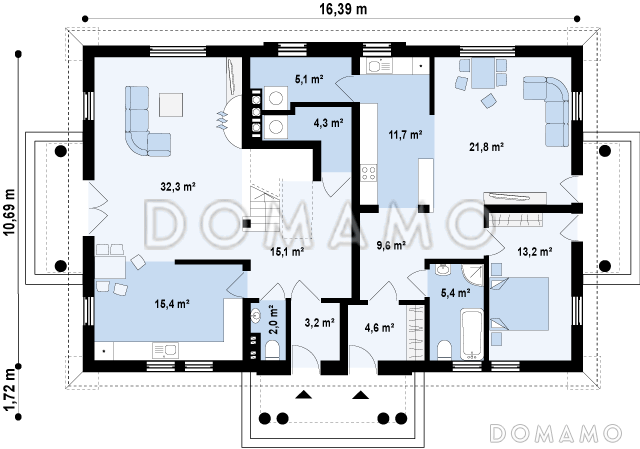 Проект комфортного одноэтажного мансардного дома из кирпича для двух семей в стиле русской усадьбы / План 1 этажа