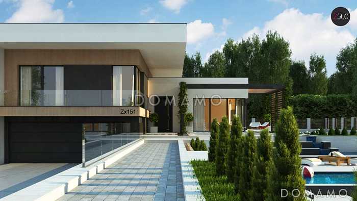 Проект современного двухэтажного дома из кирпича с подземным гаражом и террасой на втором уровне