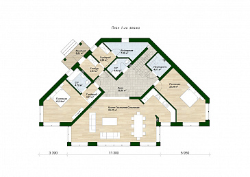 Проект дома сложной формы с 5 спальнями, кабинетом и большим холлом со вторым светом / План 1 этажа