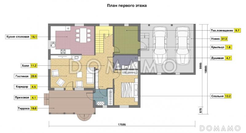 Проект каркасного дома с навесом для двух машин и крытой террасой / План 1 этажа