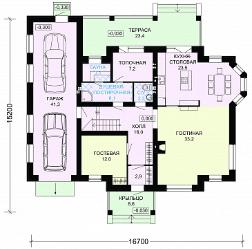 Проект дома с гаражом на две машины и кабинетом на мансардном этаже / План 1 этажа