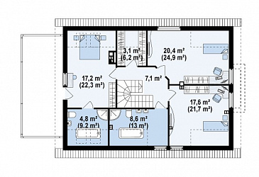 Проект одноэтажного мансардного дома из газобетона с эркером в кухонной зоне, вертикальным мансардным окном и гаражом на два автомобиля / План мансардного этажа