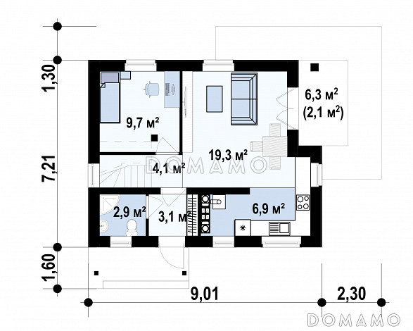 Проект загородного дома с террасой, санузлом с окном, спальней на первом этаже / План 1 этажа