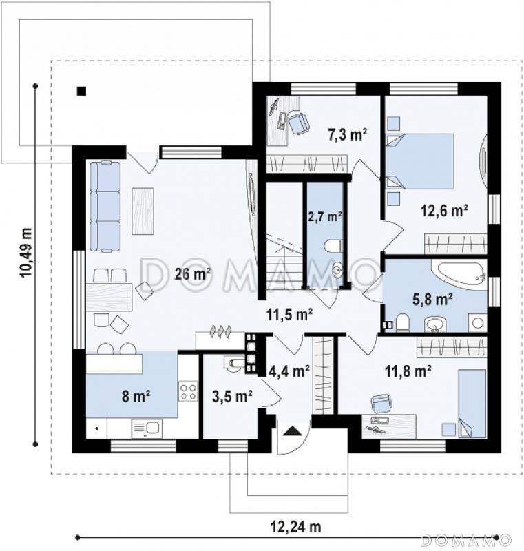 Проект одноэтажного дома из кирпича с тремя спальнями и небольшой крытой угловой террасой, с жилой мансардой / План 1 этажа