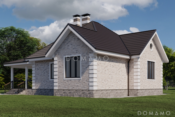 Проект одноэтажного кирпичного дома с двумя спальнями и просторной террасой