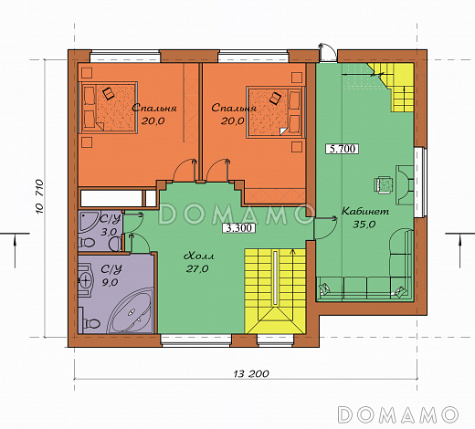Проект двухэтажного коттеджа с мансардой, цоколем, бассейном и зимним садом / План 2 этажа